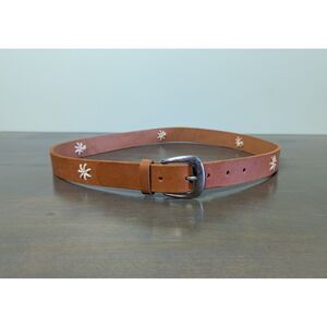 Leather Belt Embroidered Flower Womens LG Hippie Boho Flower 70s Western Brown